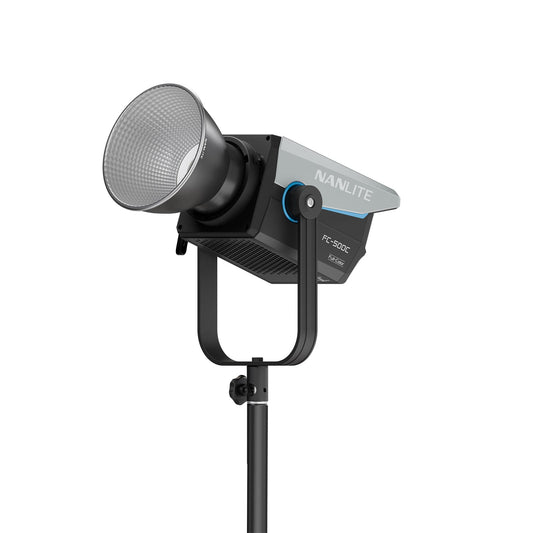Nanlite FC-500C RGBW Color LED Spotlight front/side view mounted on stand tilted up