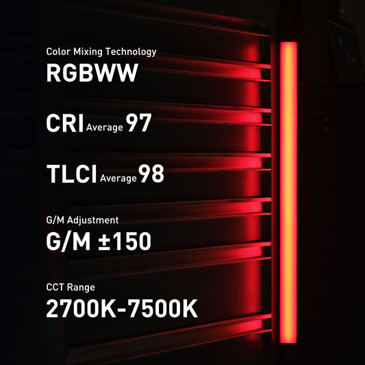 CRI97 TLCI98, TM-30 Rf94 Rg101, 2700K-7500K CCT, ±150 G/M adjustment