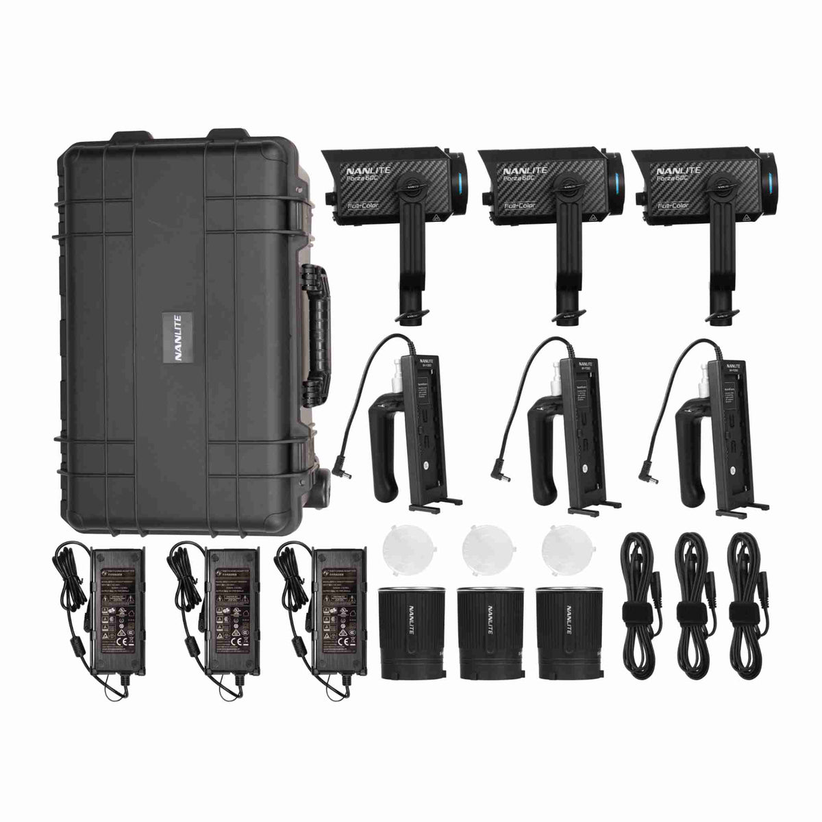 Nanlite Forza 60C RGBLAC Spotlight 3-light kit contents with three NPF battery grip, three Bowens adapter for FM mount, three 45 degree mini reflectors, three protective COB caps, three power adapters with v-mount plates, three power cables, and rolling hard case