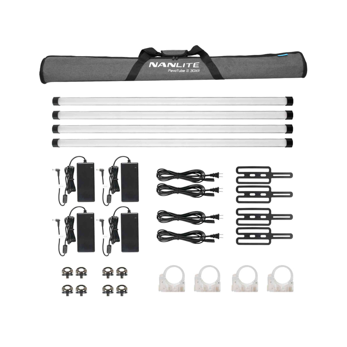Nanlite PavoTube II 30XR 4-foot RGBWW LED Tube Light 4-light kit with eight 1/4"-20 eye bolts, four T12 mounting clips, four DC:15V power adapters, four power cables, four power adapter safety straps, and padded carrying bag