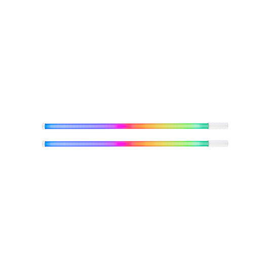 Two Nanlite PavoTube T8-7X 3-foot RGBWW LED pixel tubes front view emitting different colors across pixels
