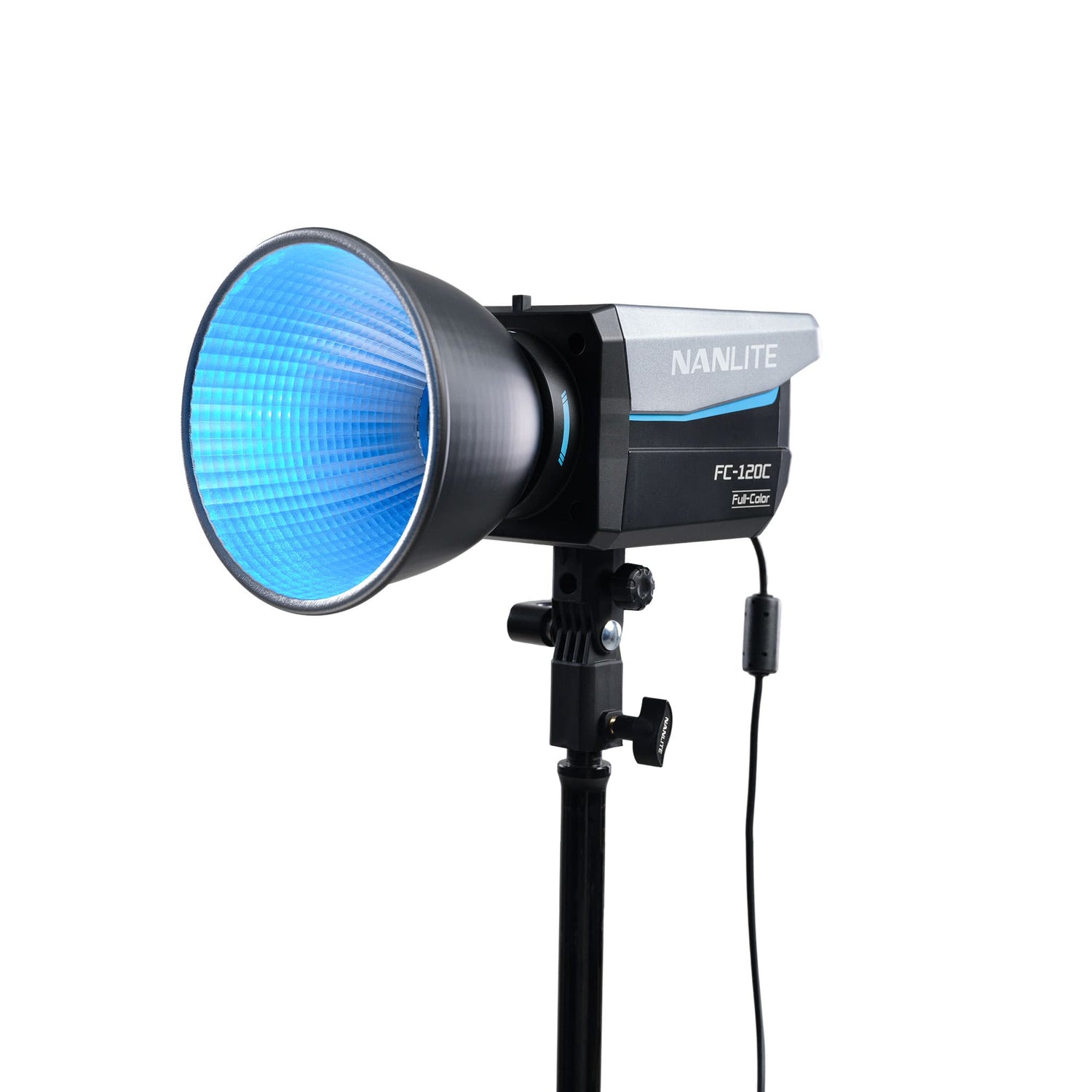 Nanlite FC-120C Full-Color LED Spotlight with 45 degree reflector front/side view emitting blue light mounted on stand