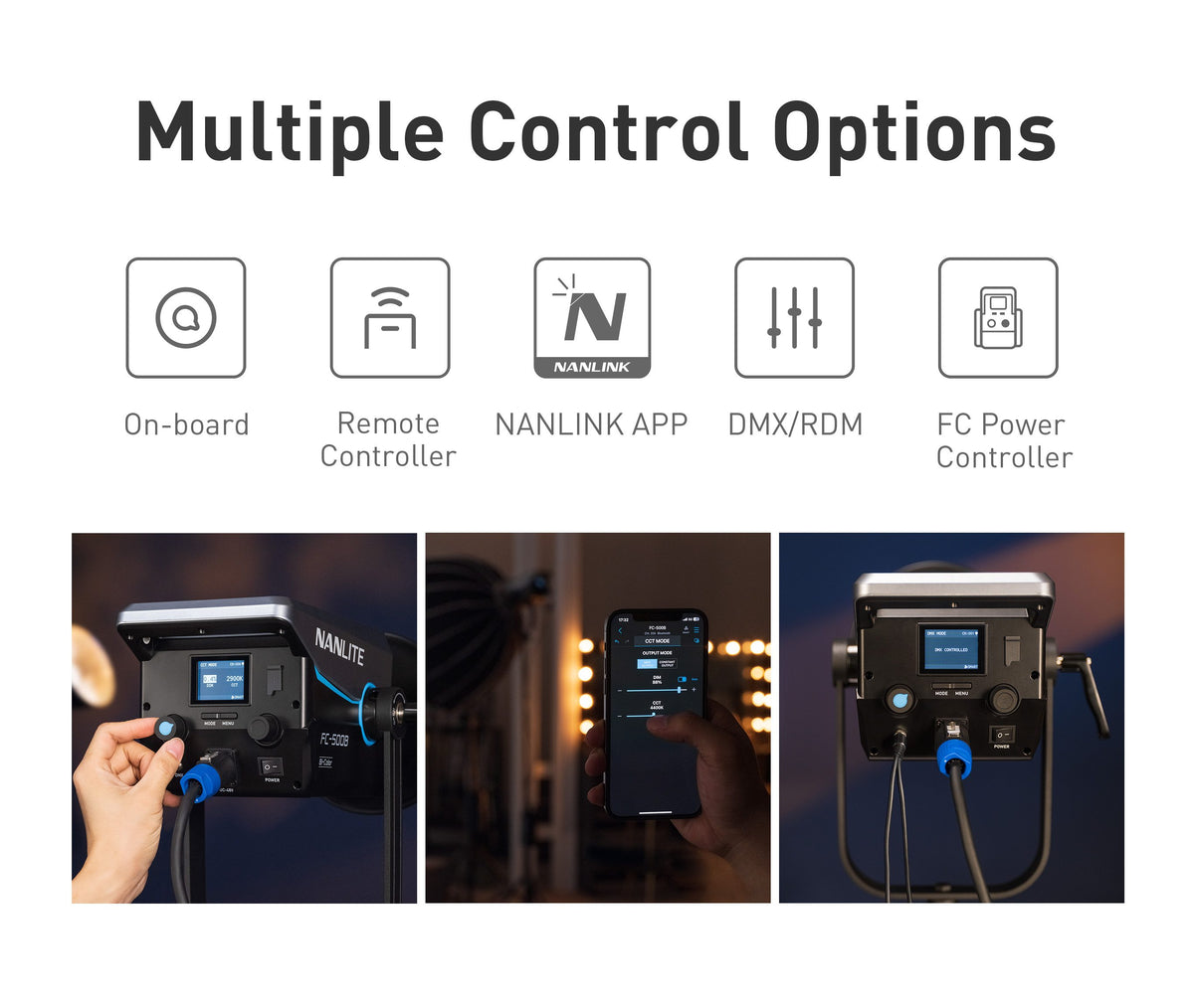 FC-500B offers flexible control via on-board controls, the NANLINK App, 2.4G, and DMX/RDM.