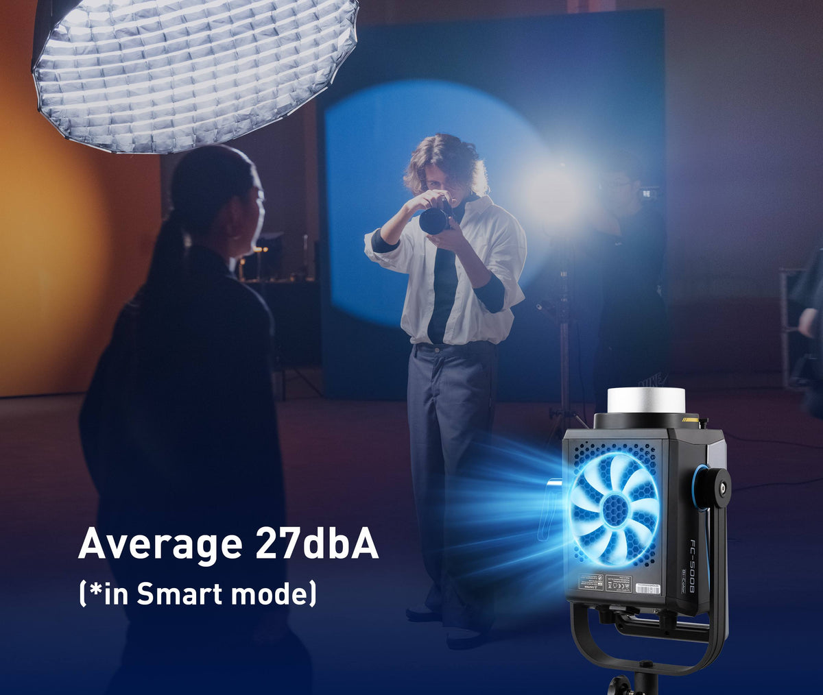FC-500B with four fan modes and 27 dBA Smart Mode for quiet shooting and flexible on-location use.