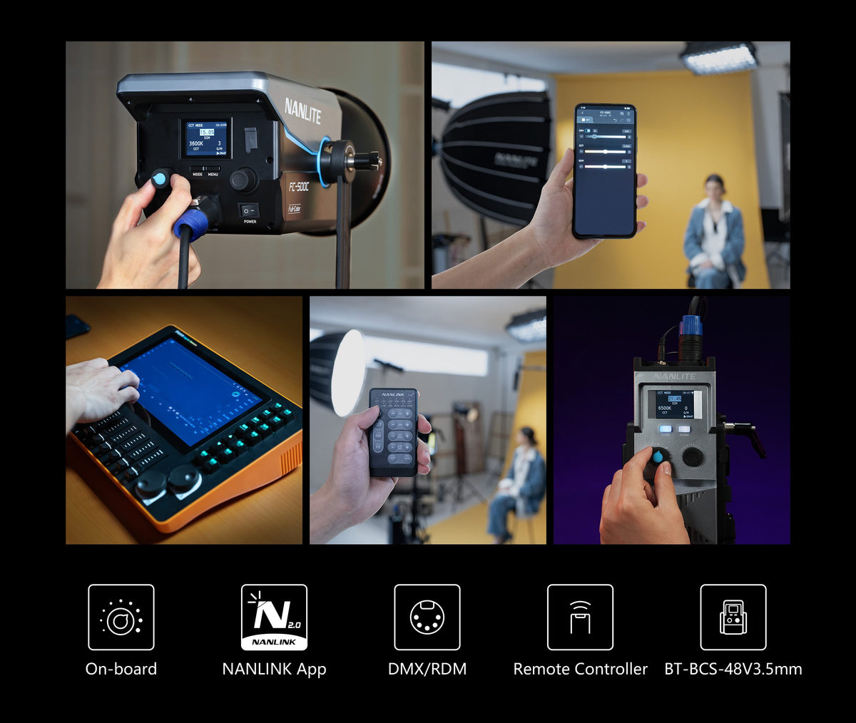 What control methods are available for the FC-500C?
The FC-500C supports five control methods: On-board Control, FC PowerController, Wireless Remote Controller, NANLINK App 2.0 Control, and DMX/RDM Control.