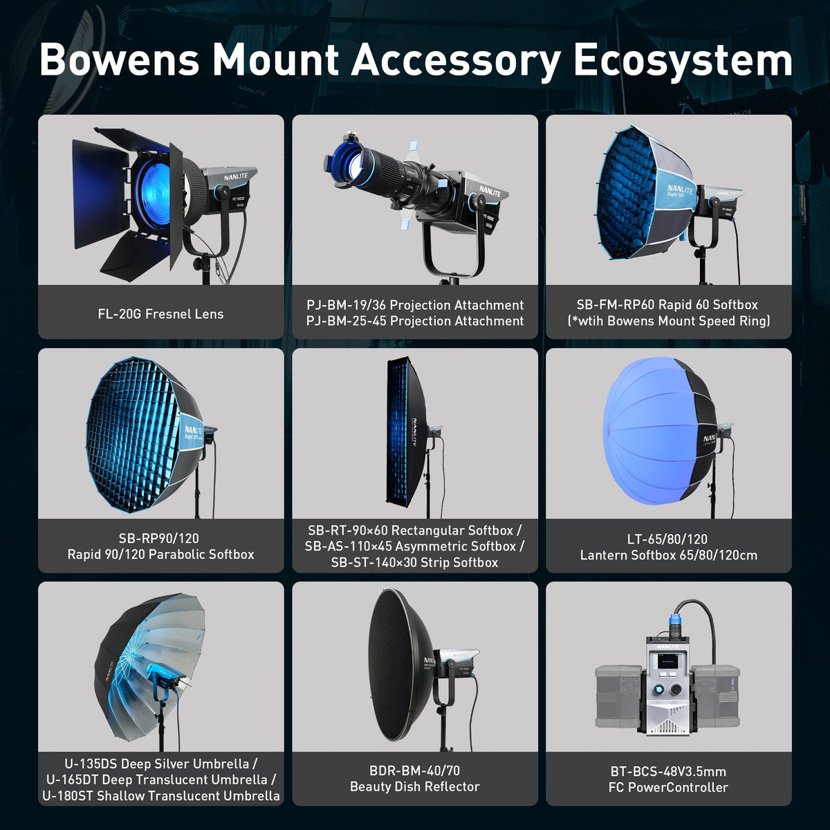 What accessories are compatible with the FC-500C?
The FC-500C is compatible with a wide range of Bowens Mount accessories, including:
1. FL-20G Fresnel Lens
2. PJ-BM-19/36 Projection Attachment
3. SB-FM-RP60 Rapid 60 Softbox (with Bowens Mount Speed Ring)
4. SB-RP90/120 Rapid 90/120 Parabolic Softbox
5. SB-PR-150-Q 150cm Quick-Release Parabolic Softbox
6. SB-RT-90×60 Rectangular Softbox, SB-AS-110×45 Asymmetric Softbox, and SB-ST-140×30 Strip Softbox
7. LT-65/80/120 Lantern Softbox (65/80/120cm)