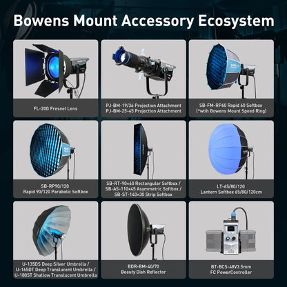 What accessories are compatible with the FC-500C?
The FC-500C is compatible with a wide range of Bowens Mount accessories, including:
1. FL-20G Fresnel Lens
2. PJ-BM-19/36 Projection Attachment
3. SB-FM-RP60 Rapid 60 Softbox (with Bowens Mount Speed Ring)
4. SB-RP90/120 Rapid 90/120 Parabolic Softbox
5. SB-PR-150-Q 150cm Quick-Release Parabolic Softbox
6. SB-RT-90×60 Rectangular Softbox, SB-AS-110×45 Asymmetric Softbox, and SB-ST-140×30 Strip Softbox
7. LT-65/80/120 Lantern Softbox (65/80/120cm)