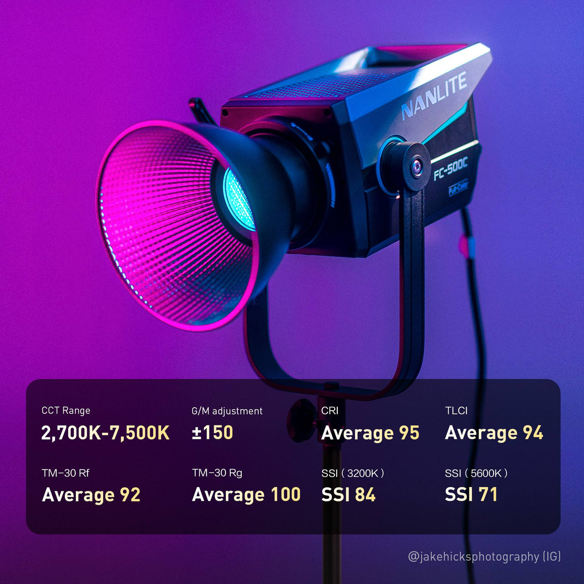 What is the CCT range and color performance of the FC-500C?
The FC-500C features a 2700K–7500K CCT range with G/M ±150 adjustment, delivering excellent color performance with CRI 95, TLCI 94, TM-30 Rf 92, TM-30 Rg 100, SSI 84 at 3200K, and SSI 71 at 5600K (average values).
