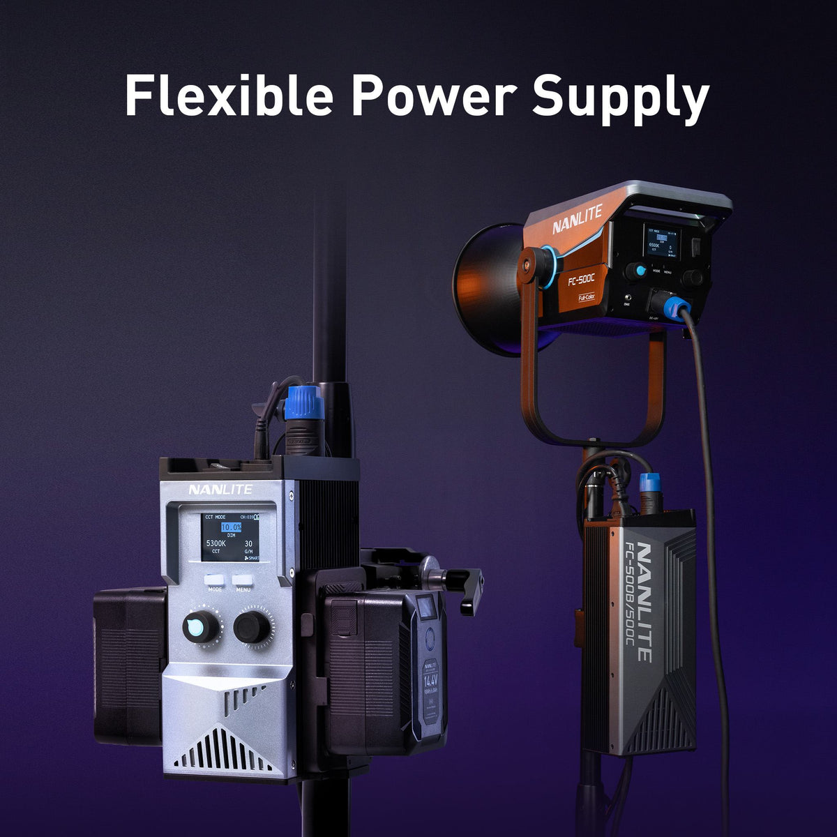 What power supply options does the FC-500C support?
The FC-500C supports AC power via an adapter or battery power via a power controller paired with a V-mount battery.