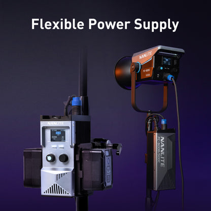 What power supply options does the FC-500C support?
The FC-500C supports AC power via an adapter or battery power via a power controller paired with a V-mount battery.