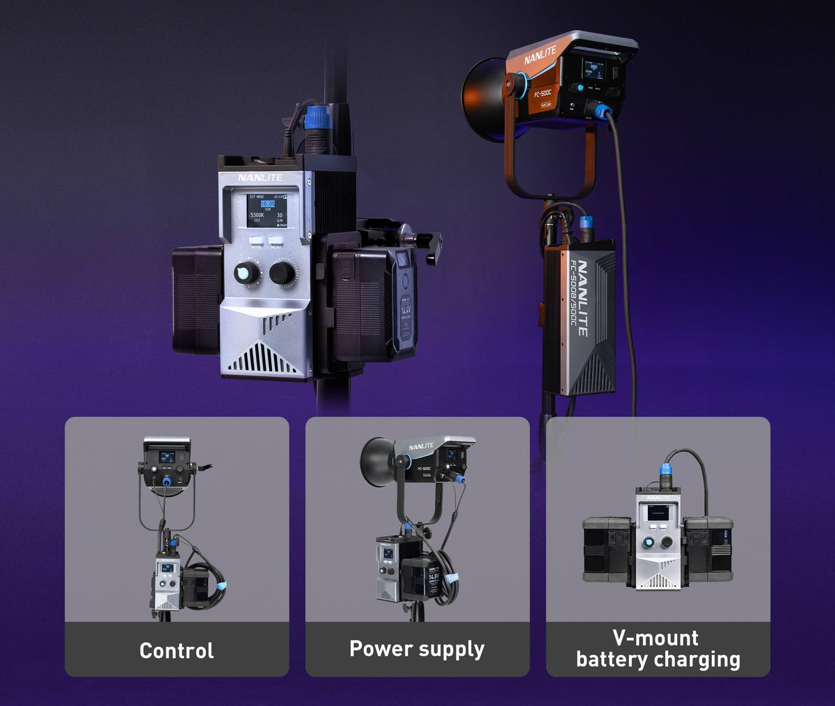 What functions does the FC PowerController support?
The FC PowerController supports light control, power supply, and V-mount battery charging.