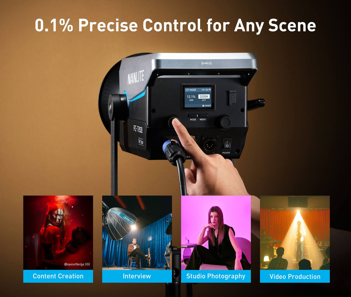 What dimming control does the FC-720B support, and what is it suitable for?
The FC-720B supports 0.1% dimming increments for smooth and precise brightness adjustment. It is ideal for livestreaming, interviews, studio photography, video production, and content creation.
