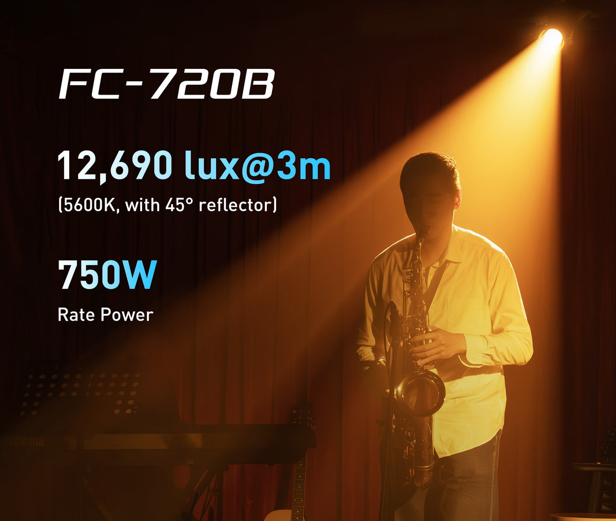 What is the rated power of the FC-720B?
750W
What is the illuminance of the FC-720B at 3m with a 45° reflector (5600K)?
12,690 lux