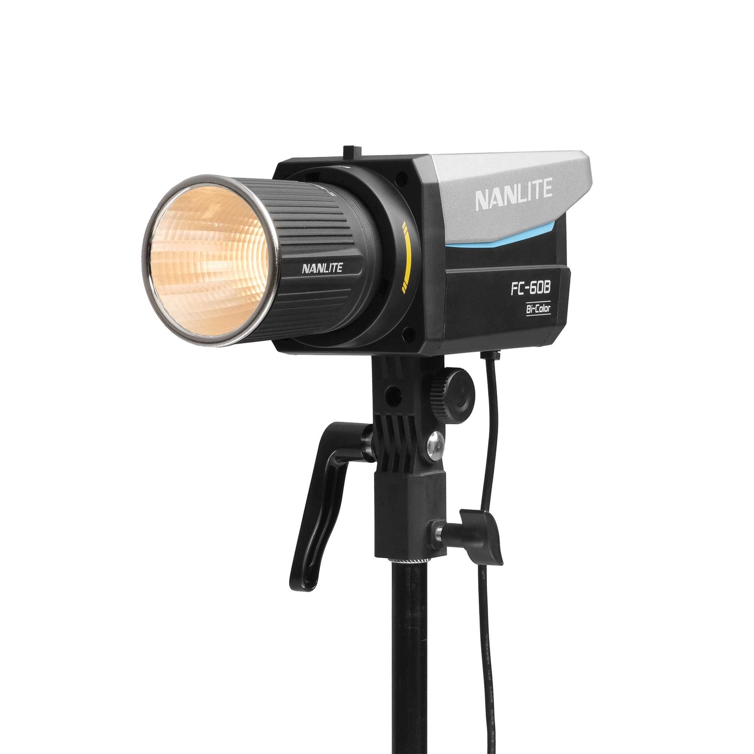 Nanlite FC-60B Bi-Color LED Spotlight with 45 degree mini reflector front/side view mounted on stand