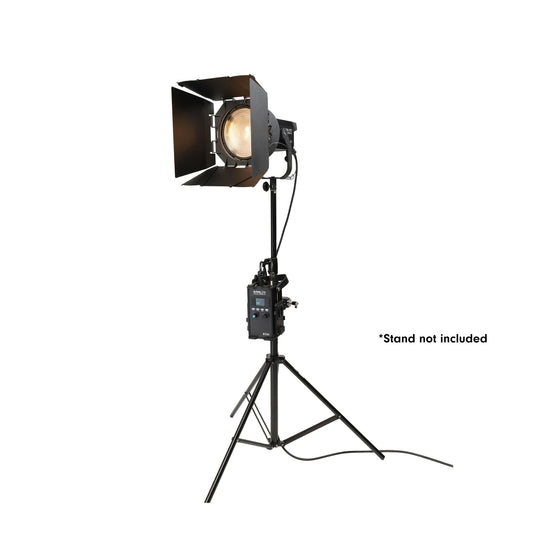 Nanlite Forza 300B II LED Spotlight with FL-20G  and 8-leaf metal barn doors front/side view mounted on stand plugged into control unit