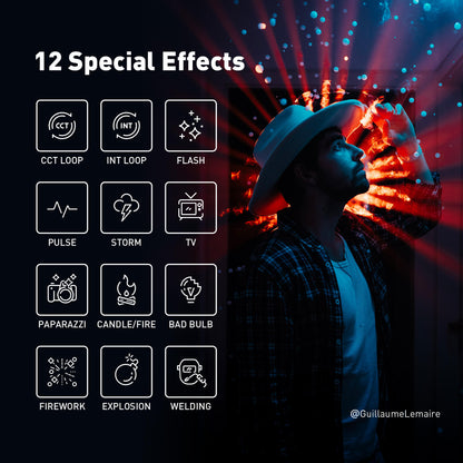 Bring scenes to life without extra post‑editing. Choose from 12 realistic special‑effect modes to simulate fire, lightning, paparazzi flashes, TV flicker, explosions and more for film, video and creative shoots.
