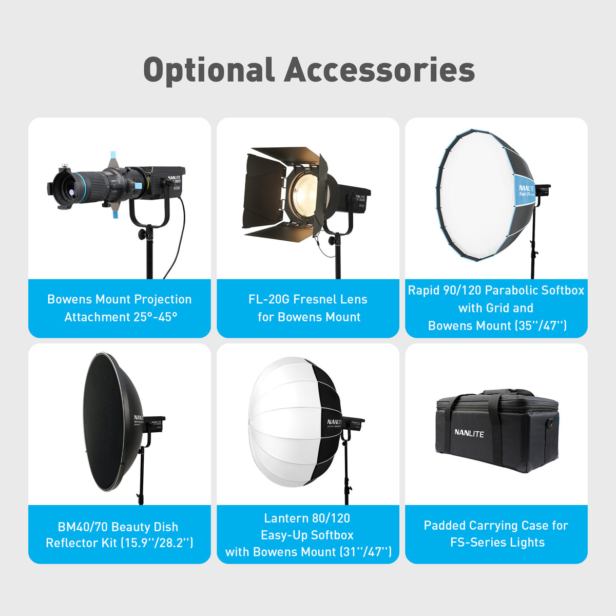 Bowens projection attachment, Fresnel lens, parabolic softbox, beauty dish, lantern softbox, padded carrying case