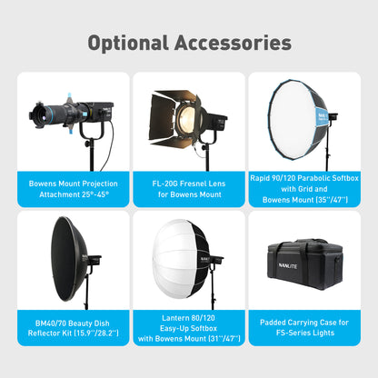 Bowens projection attachment, Fresnel lens, parabolic softbox, beauty dish, lantern softbox, padded carrying case