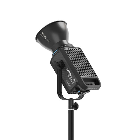 Nanlite FS-300C AC-Powered RGBW Color Monolight rear/side view with 45 degree reflector mounted on stand tilted up