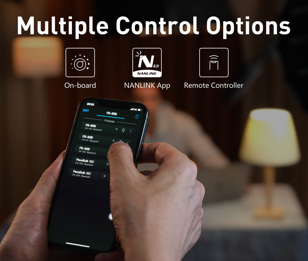 What control methods are available for the FS-60B?
The FS-60B supports three control methods: On-board controls, NANLINK App, and Remote Controller.