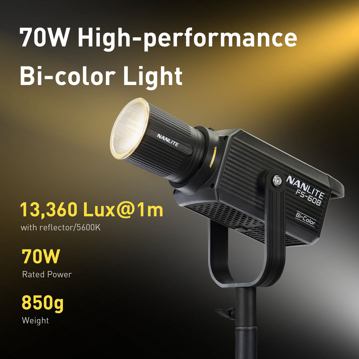 What is the rated power of the FS-60B?
70W
What is the illuminance of the FS-60B at 1m with reflector (5600K)?
13,360 lux
How much does the FS-60B weigh?
850g