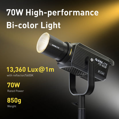 What is the rated power of the FS-60B?
70W
What is the illuminance of the FS-60B at 1m with reflector (5600K)?
13,360 lux
How much does the FS-60B weigh?
850g