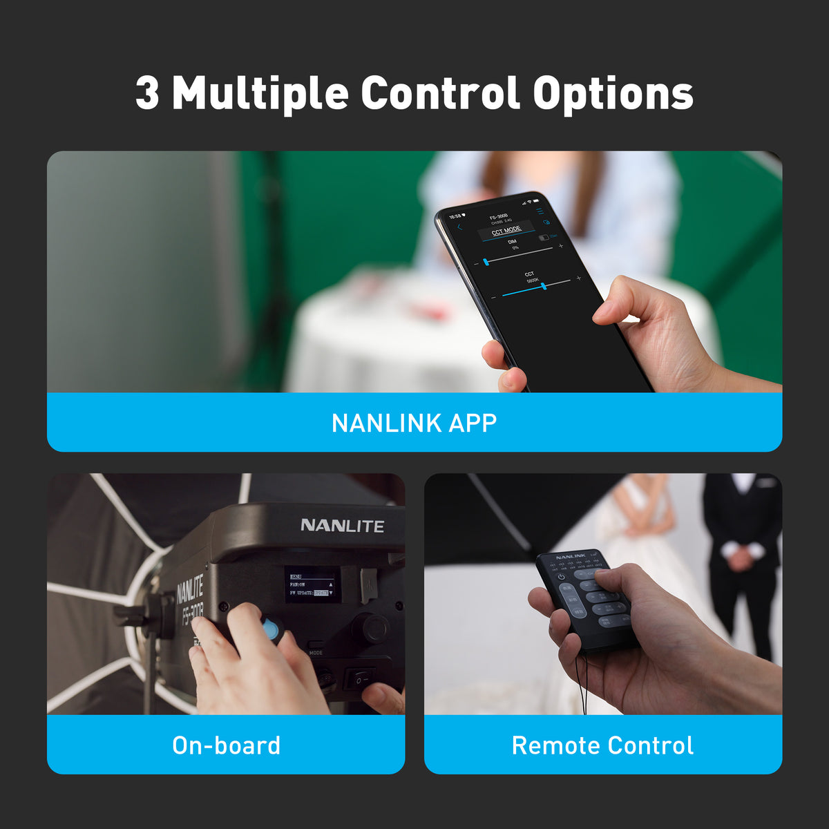 NANLINK APP, on-board controls, and handheld remote control for flexible lighting operation