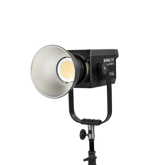 Nanlite Forza 500B II LED Spotlight with 55 degree reflector front/side view mounted on stand