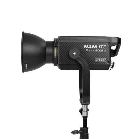 Nanlite Forza 500B II LED Spotlight with 55 degree reflector side view mounted on stand