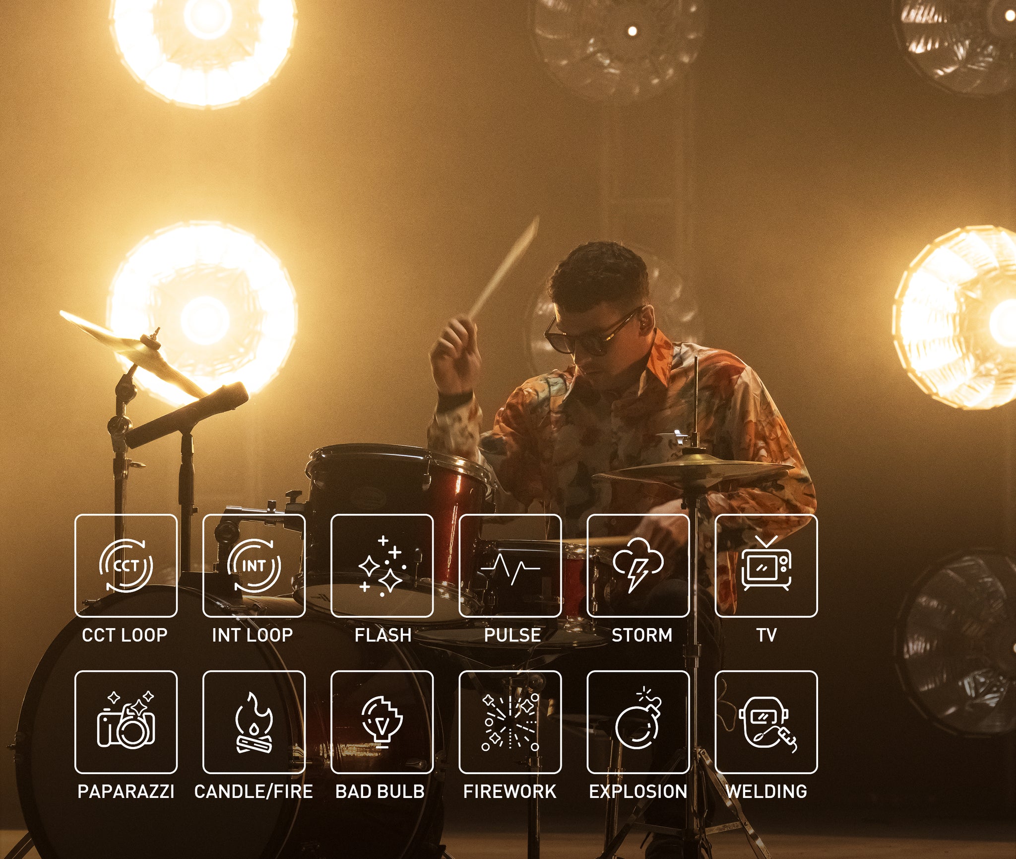 12 Built-in Practical Effects: CCT Loop, INT Loop, Flash, Pulse, Storm, TV, Paparazzi, Candle/Fire, Bad Bulb, Firework, Explosion and Welding