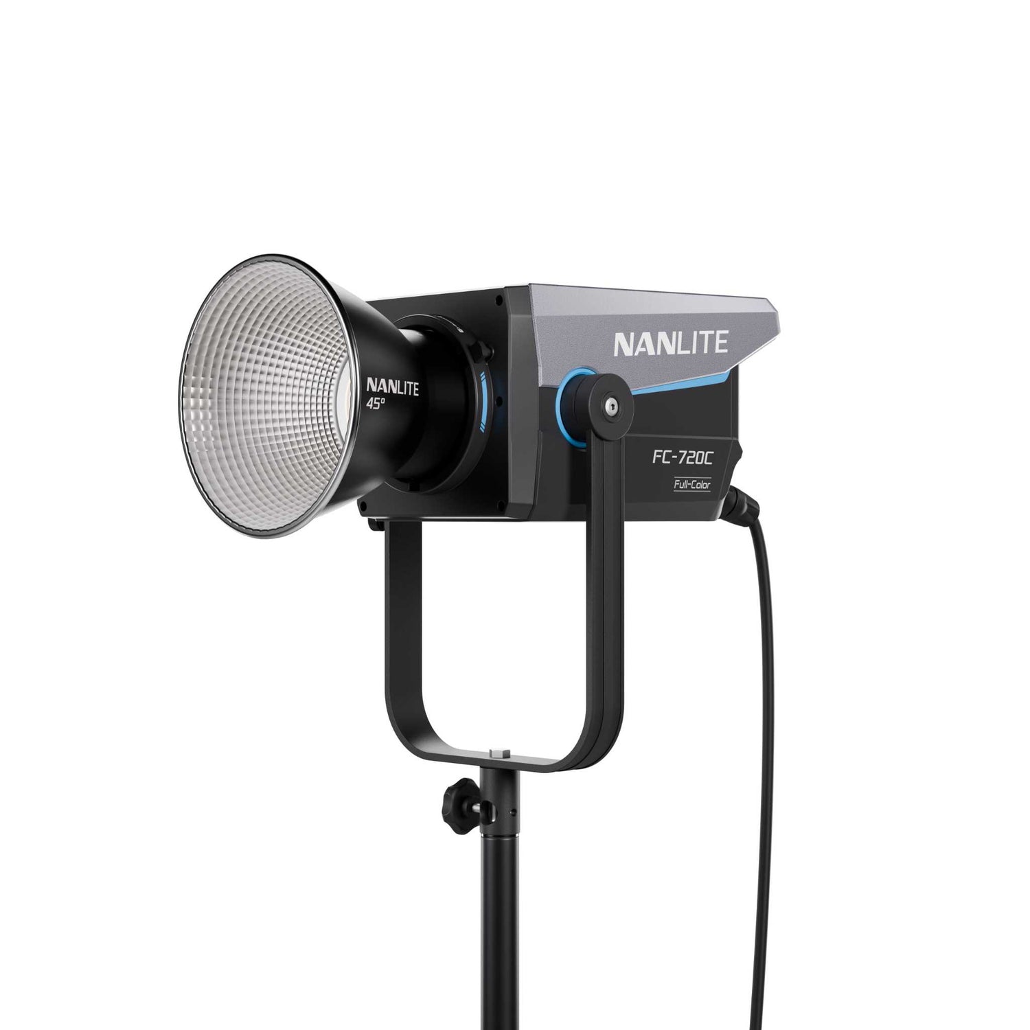 Nanlite FC-720C RGBW LED Spotlight front/side view with 45 degree reflector mounted on stand