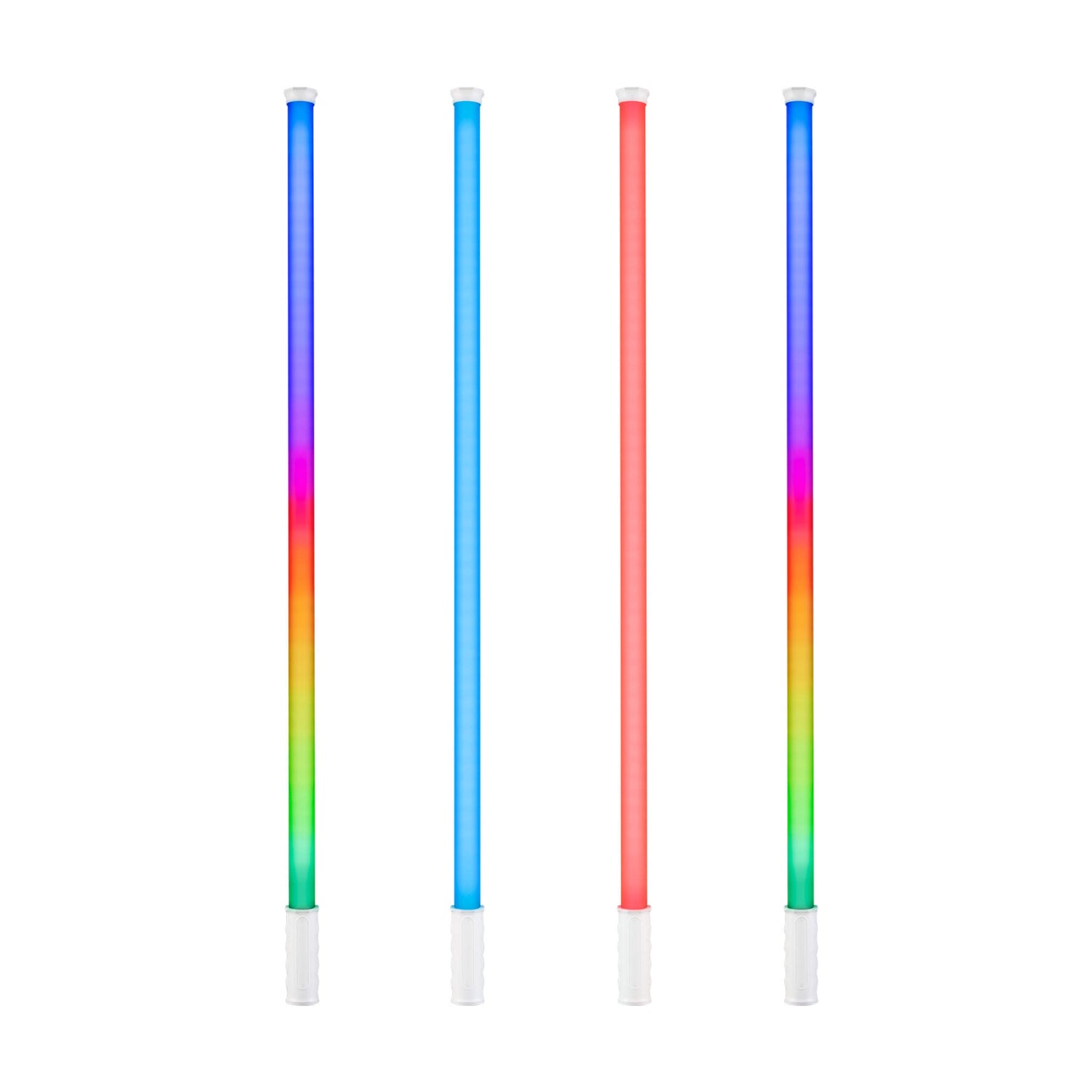 Nanlite PavoTube T8-7X 3-foot RGBWW LED pixel tube 4-light kit front view, two set to different colors across pixels, one set to blue, and one set to red