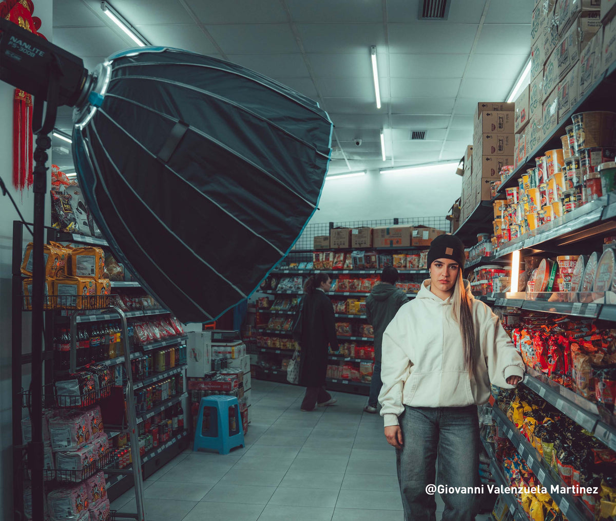 Nanlite FS-300B monolight with deep parabolic softbox for retail supermarket lifestyle commercial portrait shooting, soft even lighting