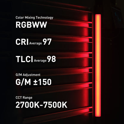 CRI97 TLCI98, TM-30 Rf94 Rg101, 2700K-7500K CCT, ±150 G/M adjustment