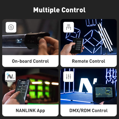 on-board control, remote control, NANLINK App and DMX/RDM for studio and stage lighting management