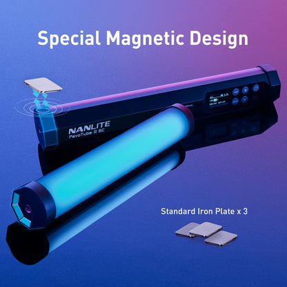 PavoTube II 6C features a built‑in magnetic structure. With 3 included standard iron plates, you can attach the tube light onto metal surfaces effortlessly for fast on‑set lighting setup. 