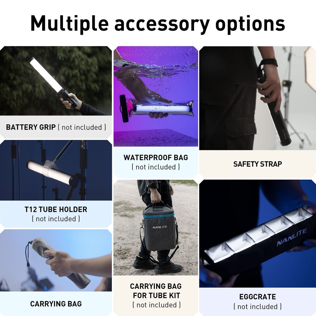 PavoTube II 6C supports multiple optional accessories, including battery grip, waterproof bag, safety strap, tube holder, carrying bags and eggcrate, empowering flexible handheld, mounting, waterproof shooting, safe suspension and light shaping for various shooting scenarios.