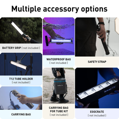 PavoTube II 6C supports multiple optional accessories, including battery grip, waterproof bag, safety strap, tube holder, carrying bags and eggcrate, empowering flexible handheld, mounting, waterproof shooting, safe suspension and light shaping for various shooting scenarios.