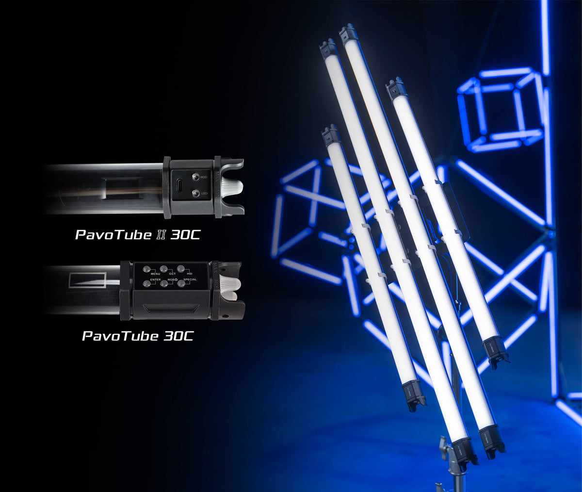PavoTube II 30C vs original PavoTube 30C comparison, upgraded end‑cap control panel and stacking mount system