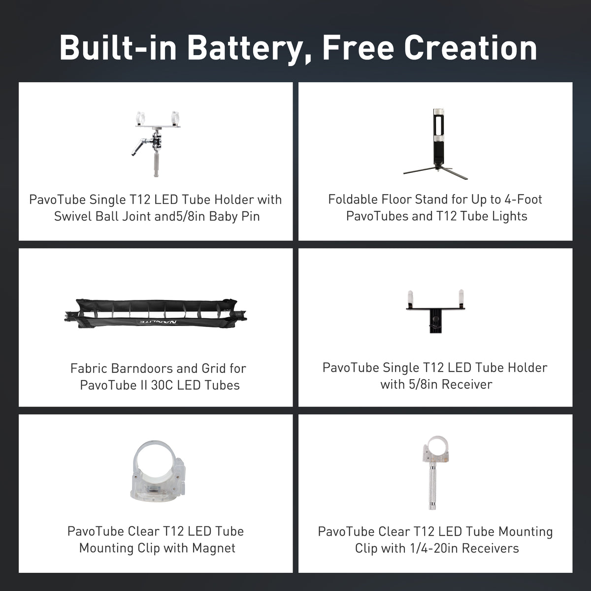 tube holders, foldable floor stand, fabric barndoors grid, magnetic mounting clips for cord‑free creative lighting