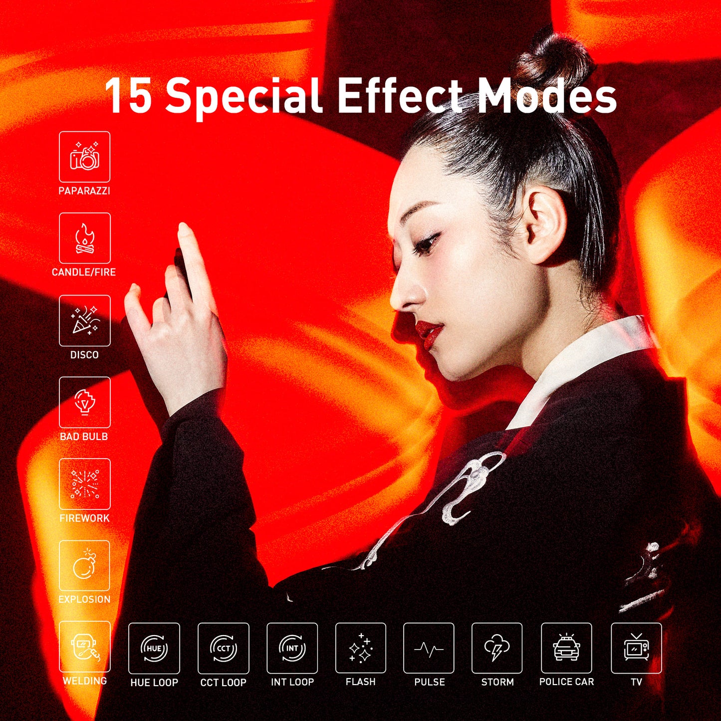 Built-in 15 lighting effects, such as color cycle, color temperature cycle, flashing, lightning, TV, etc., can simulate the lighting effects of various complex scenes to meet different shooting needs.