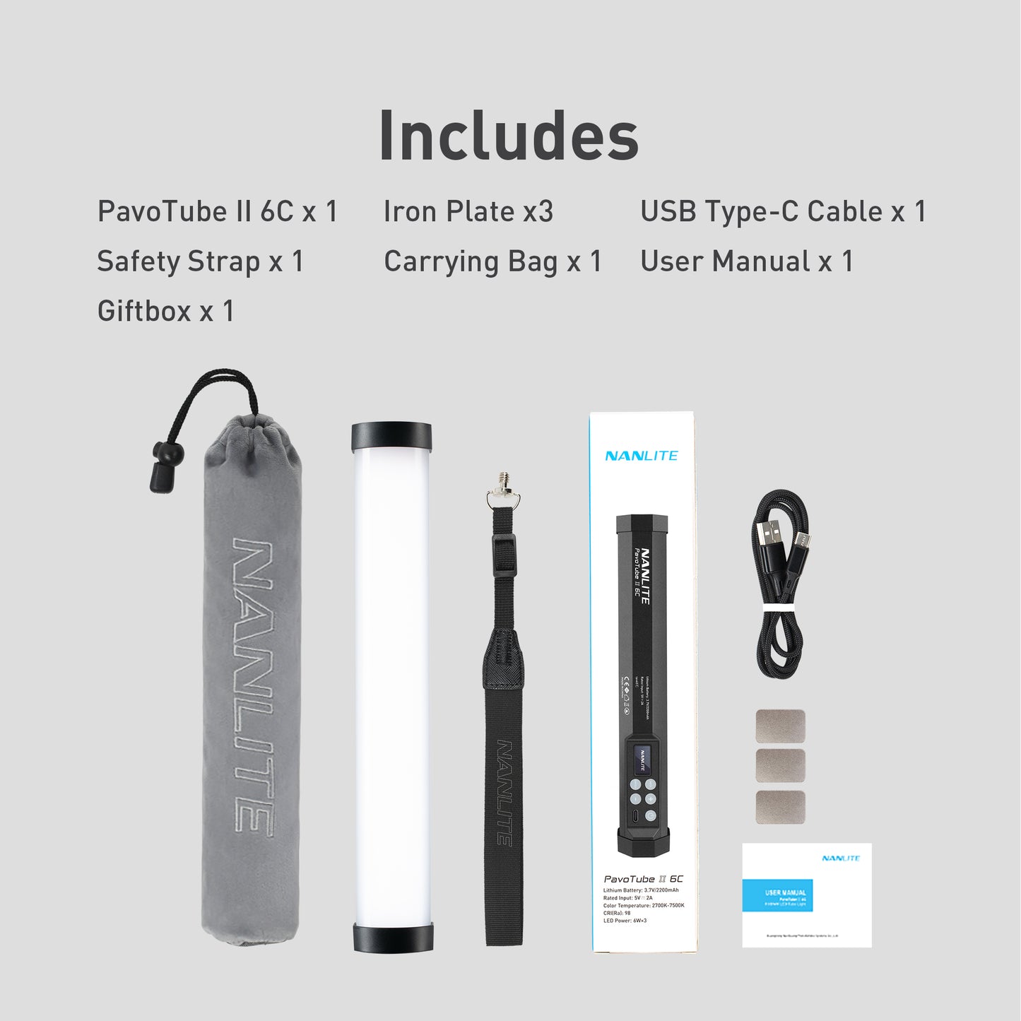 PavoTube Il 6Cx1
Safety Strap x 1
Iron Plate x3
Carrying Bag x 1
USB Type-C Cable x1
User Manualx 1
Giftboxx1