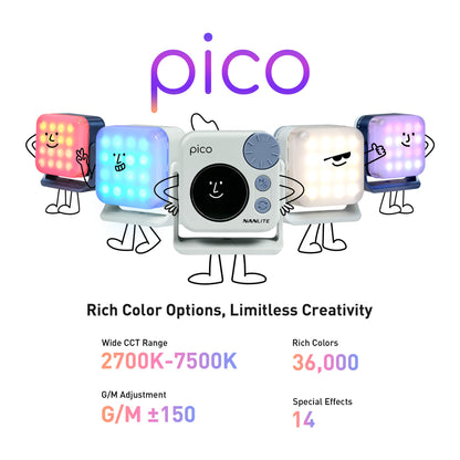 2,700K–7,500K CCT + G/M ±150 + 36,000 Colors
From warm, cozy tones to cool daylight, pico gives you a wide 2,700K–7,500K CCT range with G/M ±150 adjustment for fine-tuned skin tones and color correction. Full-color control with 0–360° Hue and 0–100% Saturation lets you create up to 36,000 rich colors.