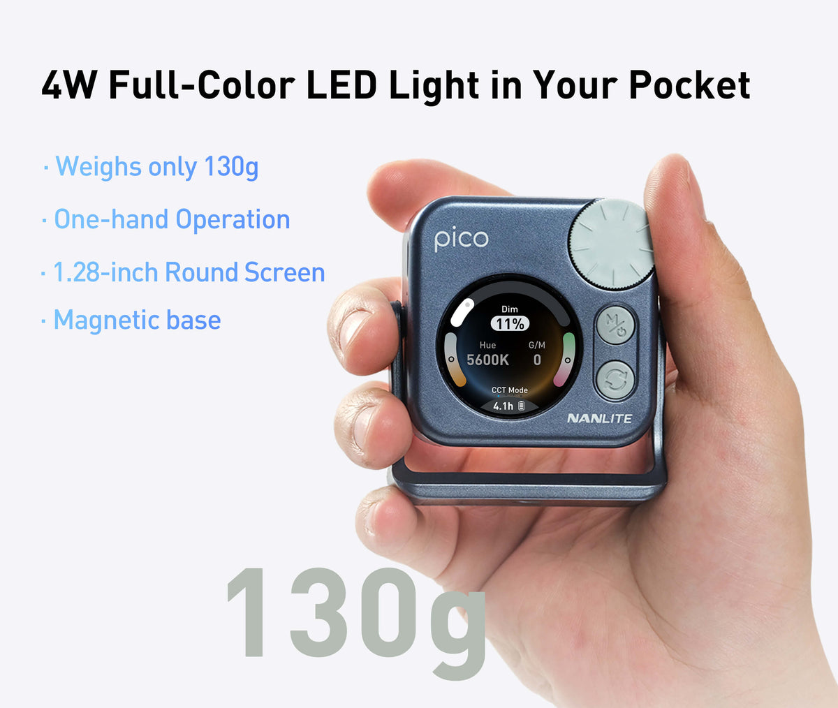 Weighing just 130g, pico delivers powerful, full-color lighting in an ultra-compact design made for content creators, vloggers, photographers, and anyone who needs great light on the go. Small enough to carry everywhere, ready whenever insp