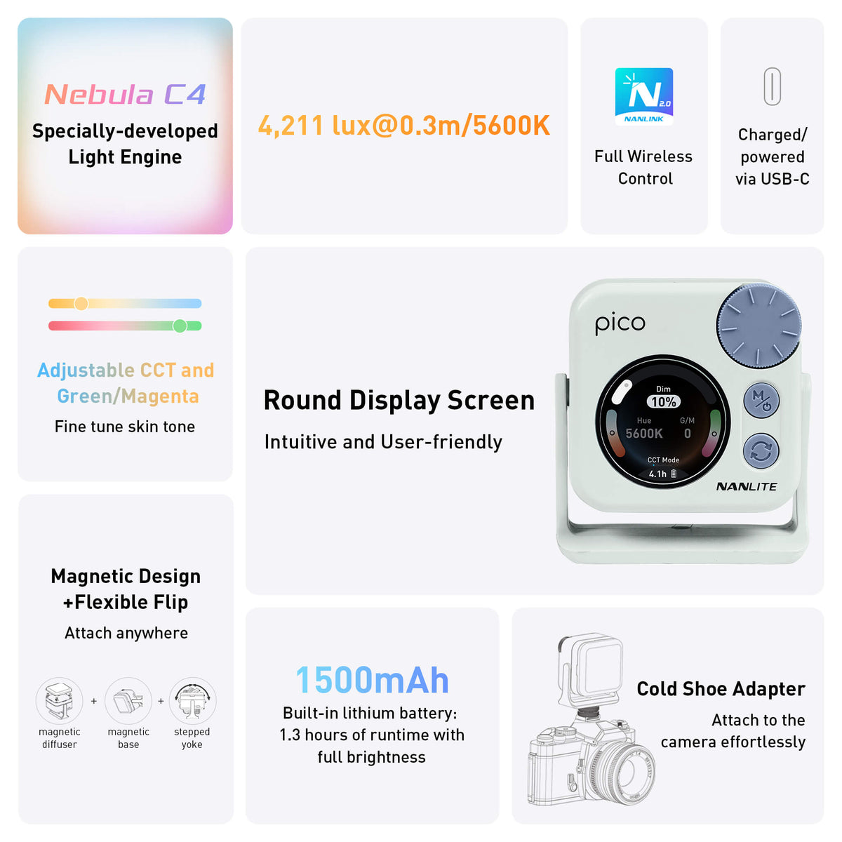 4W Pocket-Sized Full-Color Light
2,700K–7,500K CCT + G/M ±150
Nebula C4 Engine for Precise Color
1500mAh Built-In Battery
Magnetic + Flexible Mounting
14 Built-In Effects + 2 Color Options