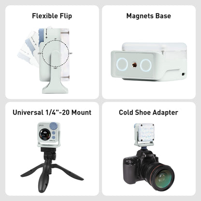 Built for fast, creative setups, pico features a magnetic base and a flexible 12-position yoke that lets you easily adjust the direction of your light. The universal 1/4"-20 mount and included cold shoe adapter make it easy to attach pico to cameras, tripods, light stands, rigs, and more.