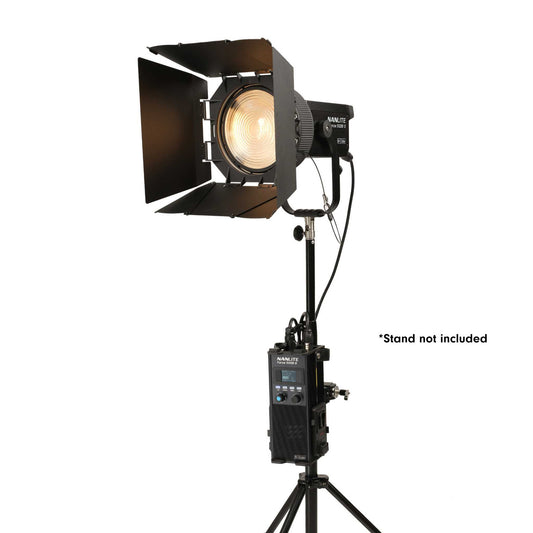 Nanlite Forza 500B II Spotlight with FL-20G Fresnel Lens and 8-leaf metal barn doors mounted on stand plugged into control unit