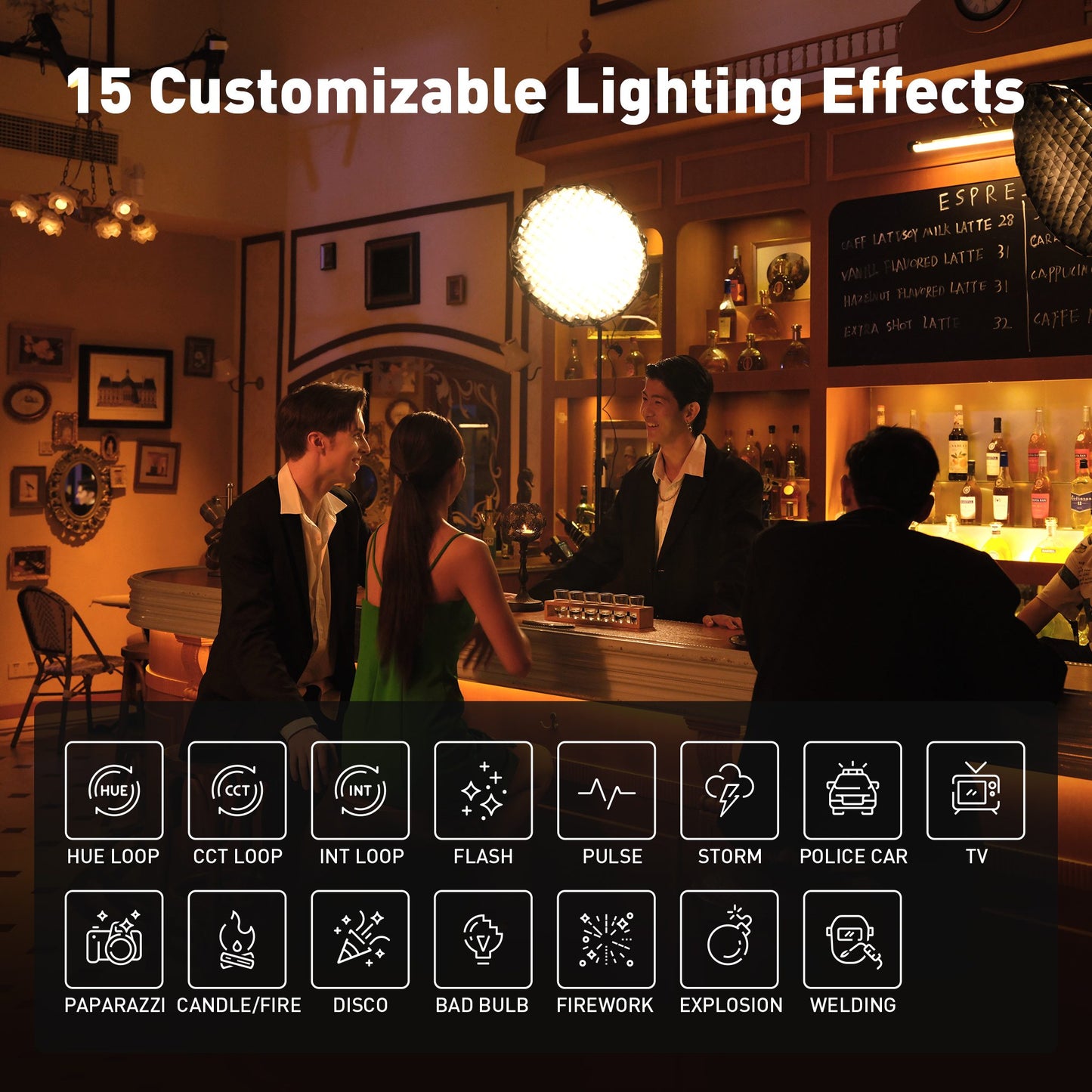 forza 60c 15 bulit in special effects HUE Loop, CCT Loop, INT Loop, Flash, Pulse, Storm, Police Car, TV, Paparazzi, Candle/Fire, Disco, Bad Bulb, Firework, Explosion and Welding 