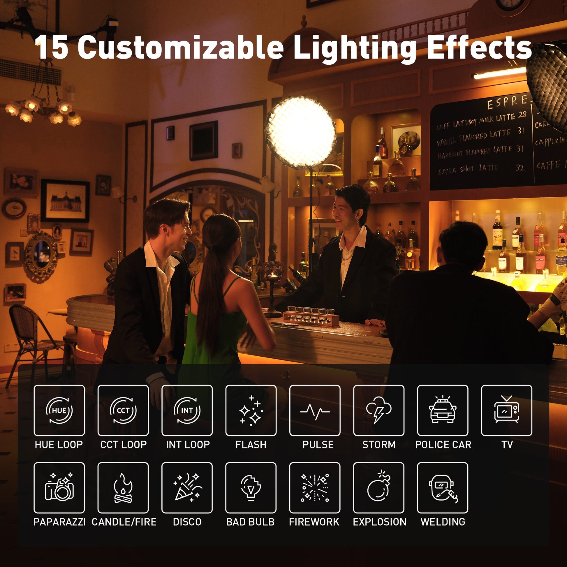 forza 60c 15 bulit in special effects HUE Loop, CCT Loop, INT Loop, Flash, Pulse, Storm, Police Car, TV, Paparazzi, Candle/Fire, Disco, Bad Bulb, Firework, Explosion and Welding 