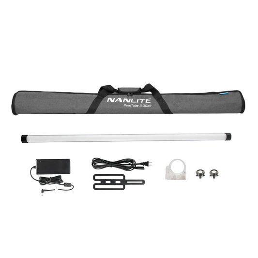 Nanlite PavoTube II 30XR 4-foot RGBWW LED Tube Light contents with 2 1/4"-20 eye bolts, T12 mounting clip, DC:15V power adapter, power cable, power adapter safety strap, and padded carrying bag